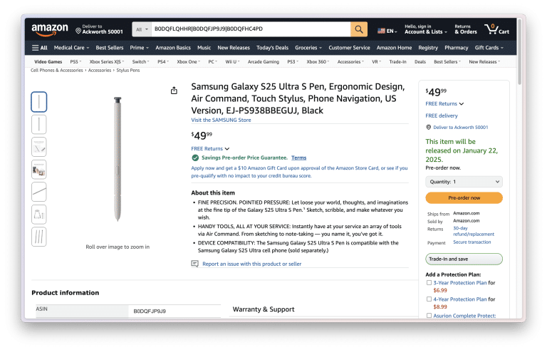 Galaxy S25 S Pen Amazon Listing